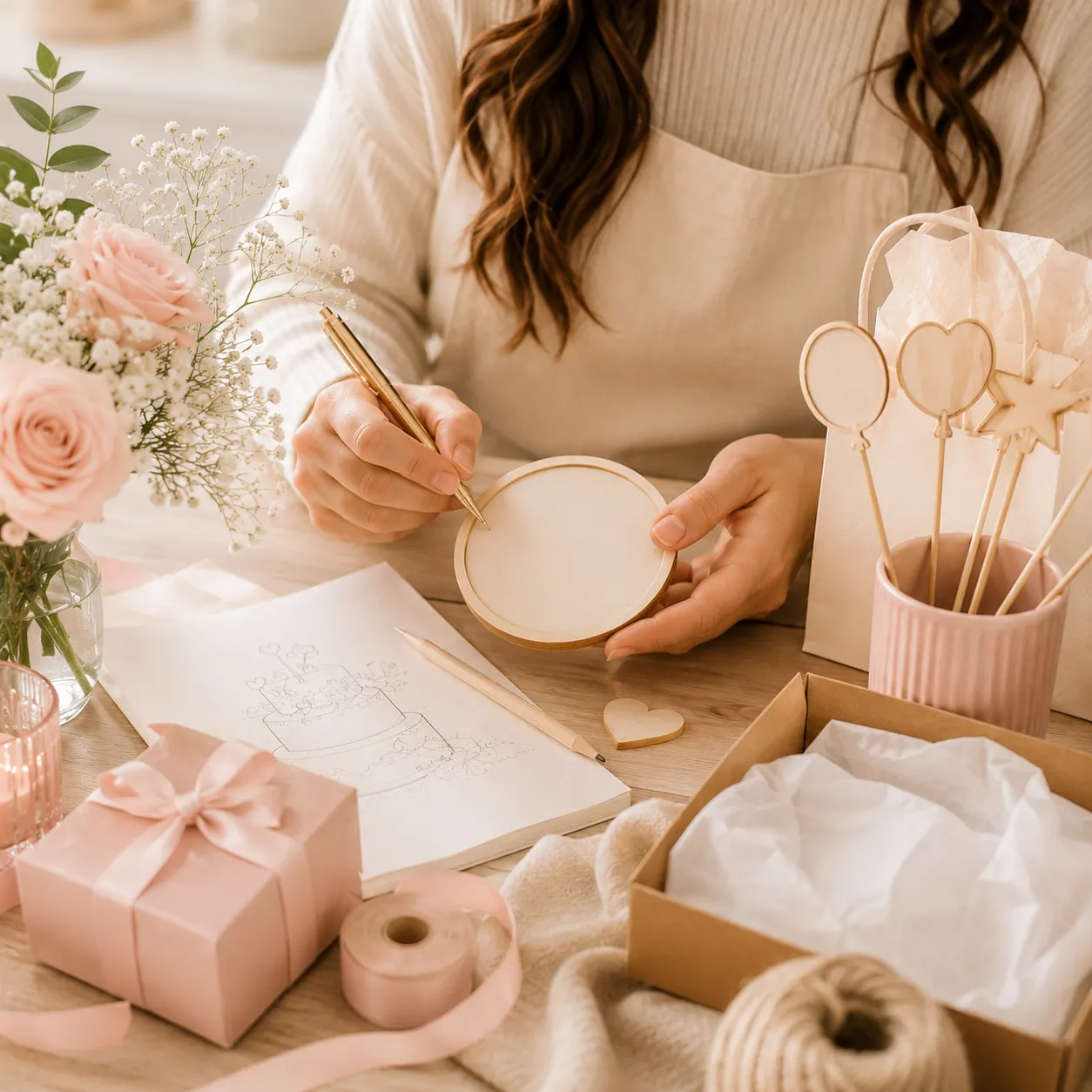 Home 5 Woman creating personalized handmade party decorations with custom cake toppers, pastel gift packaging and elegant celebration details