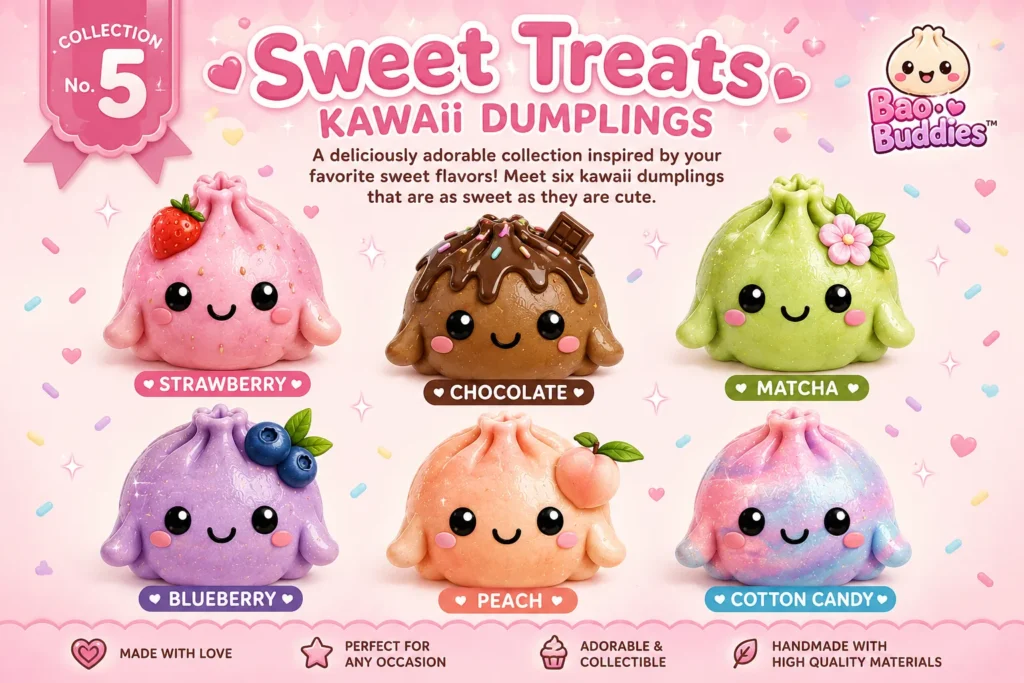 Kawaii Dumpling Cupcake Toppers 5 Sweet Treats Kawaii Dumplings cupcake toppers featuring Strawberry, Chocolate, Matcha, Blueberry, Peach and Cotton Candy