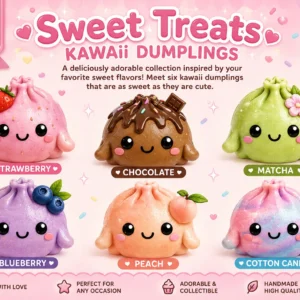 Sweet Treats Kawaii Dumplings cupcake toppers featuring Strawberry, Chocolate, Matcha, Blueberry, Peach and Cotton Candy