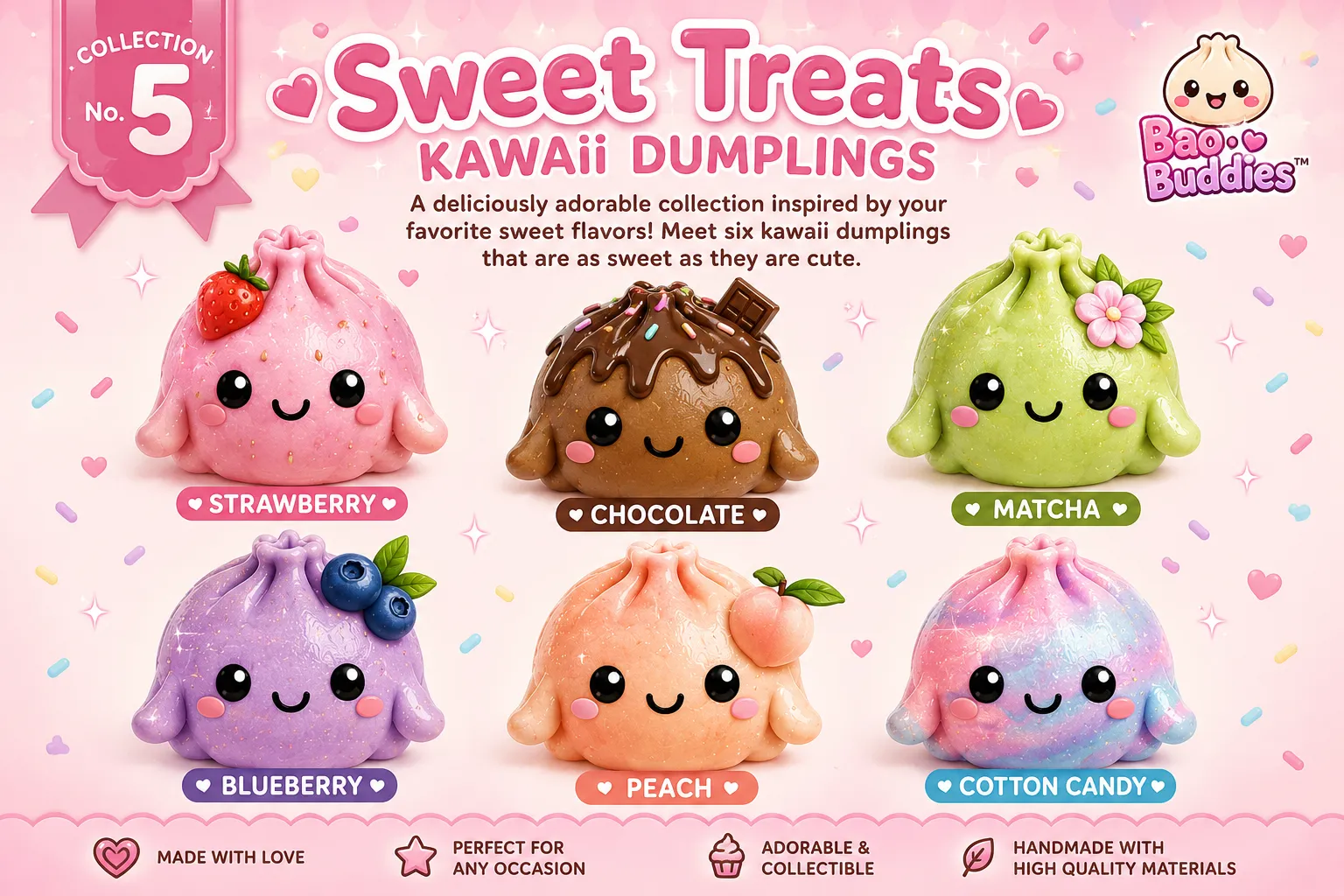 Sweet Treats Kawaii Dumpling Cupcake Toppers | Handmade Party Decorations | Set Of 12 1 Sweet Treats Kawaii Dumplings cupcake toppers featuring Strawberry, Chocolate, Matcha, Blueberry, Peach and Cotton Candy