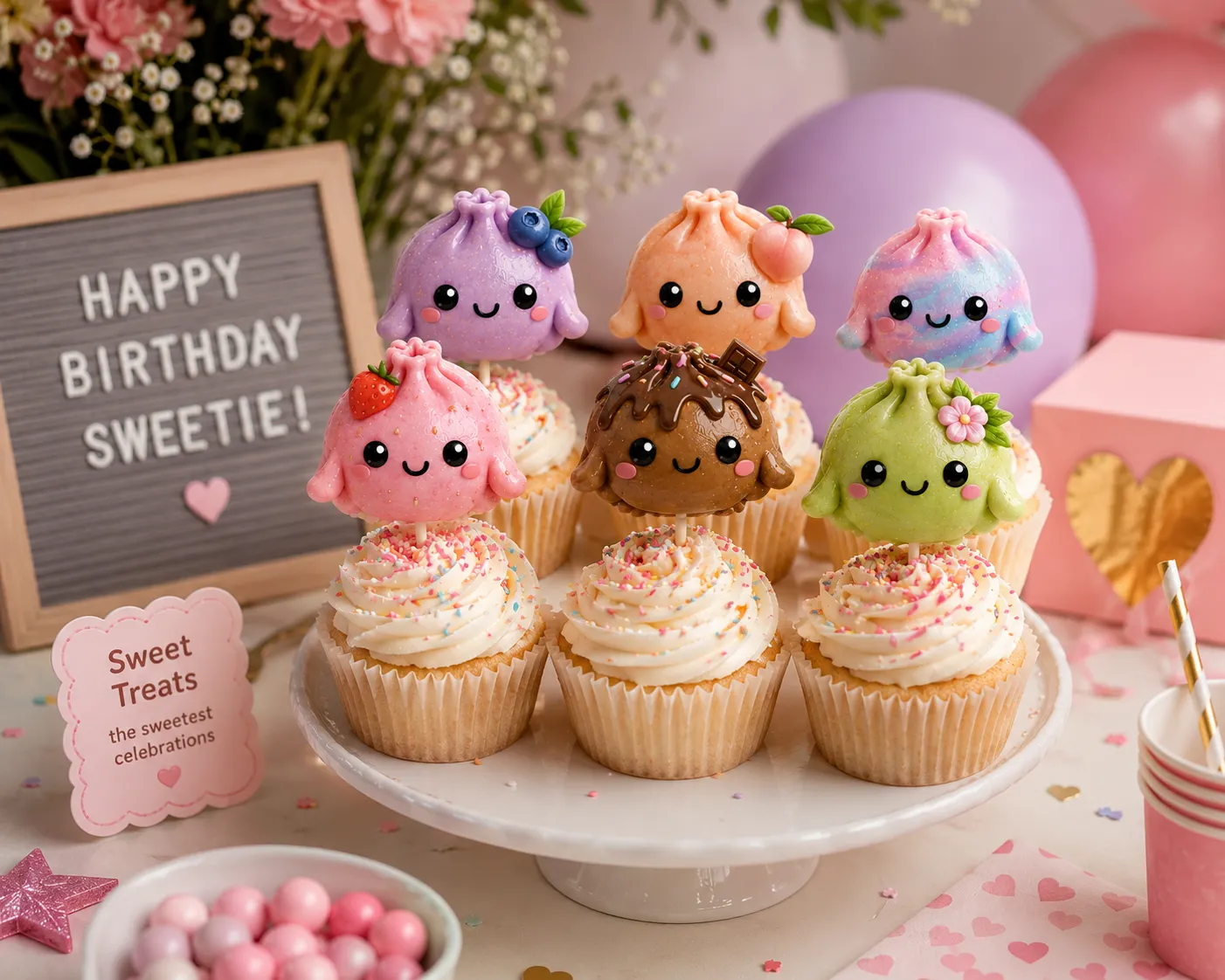 Sweet Treats Kawaii Dumpling Cupcake Toppers | Handmade Party Decorations | Set Of 12 2 Sweet Treats Kawaii Dumpling Cupcake Toppers