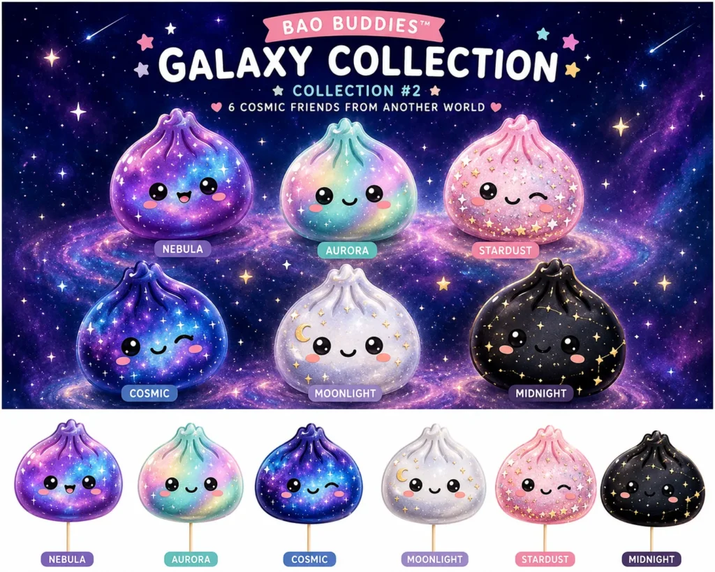 Kawaii Dumpling Cupcake Toppers 3 Handmade Galaxy Kawaii Dumpling Cupcake Toppers featuring adorable cosmic-inspired dumpling characters for personalized party decorations.