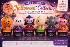 Meet The Bao Buddies Collection: The Cutest Cupcake Toppers For Every Party 4 Halloween Kawaii Dumpling Cupcake Toppers featuring adorable handmade pumpkin, ghost, vampire, mummy, witch, and black cat dumpling characters for Halloween party decorations.