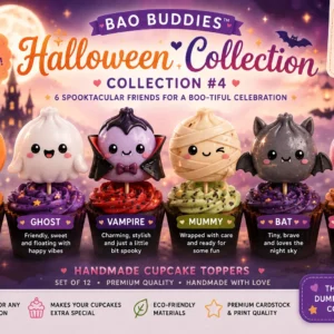 Halloween Kawaii Dumpling Cupcake Toppers featuring adorable handmade pumpkin, ghost, vampire, mummy, witch, and black cat dumpling characters for Halloween party decorations.