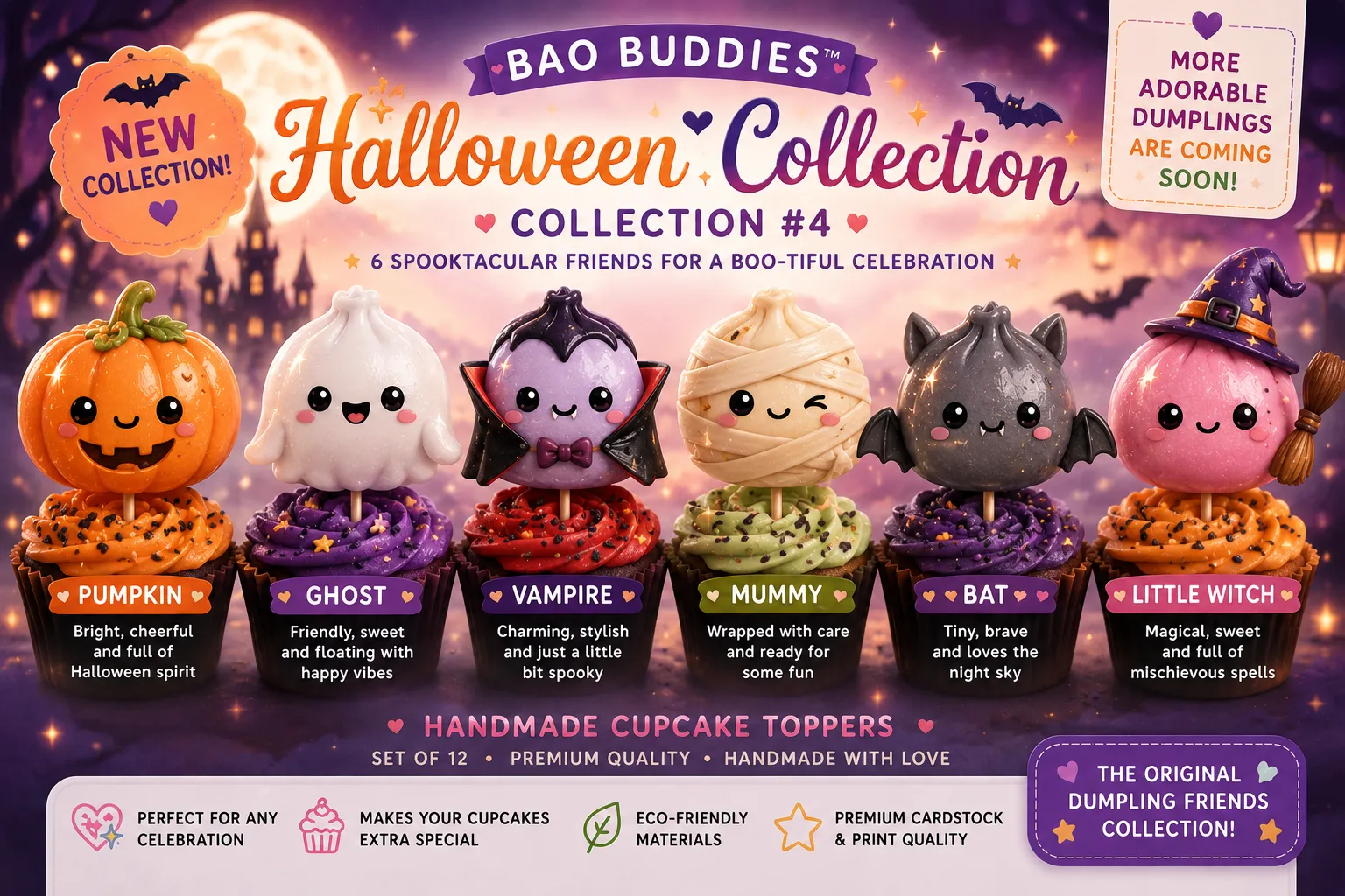 Halloween Kawaii Dumpling Cupcake Toppers | Handmade Party Decorations | Set Of 12 1 Halloween Kawaii Dumpling Cupcake Toppers featuring adorable handmade pumpkin, ghost, vampire, mummy, witch, and black cat dumpling characters for Halloween party decorations.