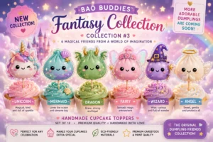Meet The Bao Buddies Collection: The Cutest Cupcake Toppers For Every Party 3 Fantasy Kawaii Dumpling Cupcake Toppers featuring handmade unicorn, dragon, fairy, wizard, and angel dumpling characters with pastel colors and glossy UV resin finish.