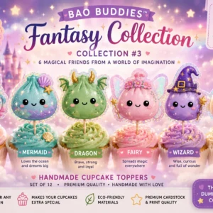 Fantasy Kawaii Dumpling Cupcake Toppers featuring handmade unicorn, dragon, fairy, wizard, and angel dumpling characters with pastel colors and glossy UV resin finish.