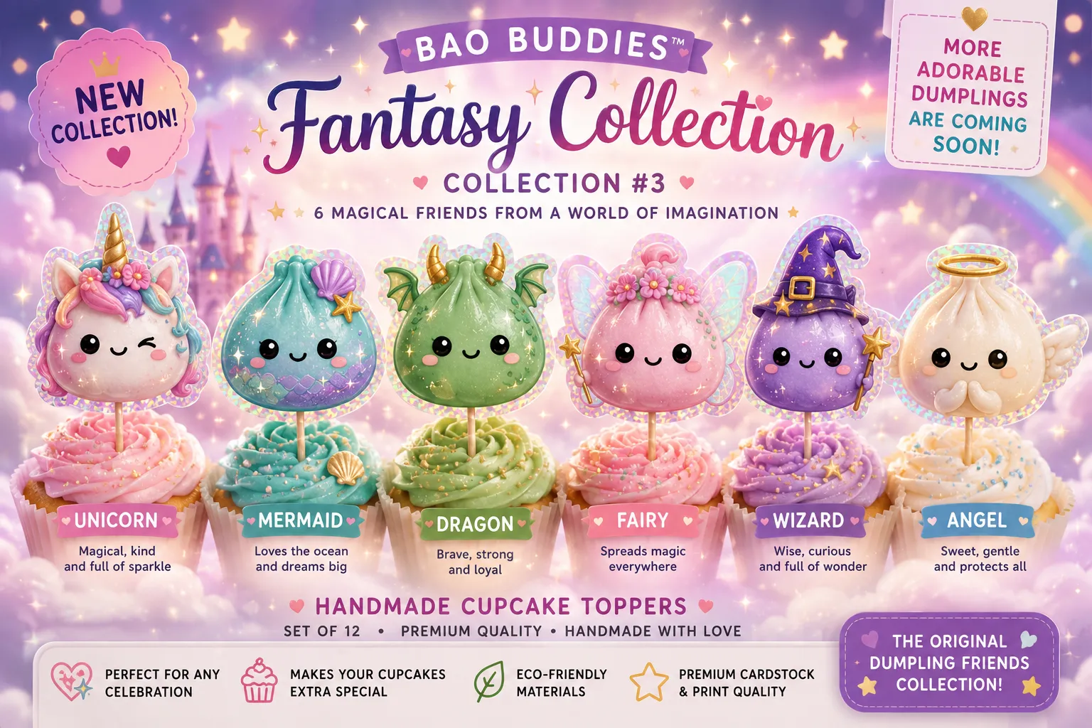 Fantasy Kawaii Dumpling Cupcake Toppers | Handmade Party Decorations | Set Of 12 1 Fantasy Kawaii Dumpling Cupcake Toppers featuring handmade unicorn, dragon, fairy, wizard, and angel dumpling characters with pastel colors and glossy UV resin finish.