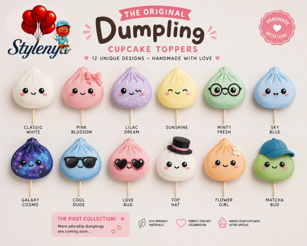 Kawaii Dumpling Cupcake Toppers 1 Classic kawaii dumpling cupcake toppers collection featuring adorable handmade characters for personalized party decorations.