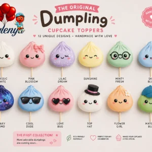 Classic kawaii dumpling cupcake toppers collection featuring adorable handmade characters for personalized party decorations.