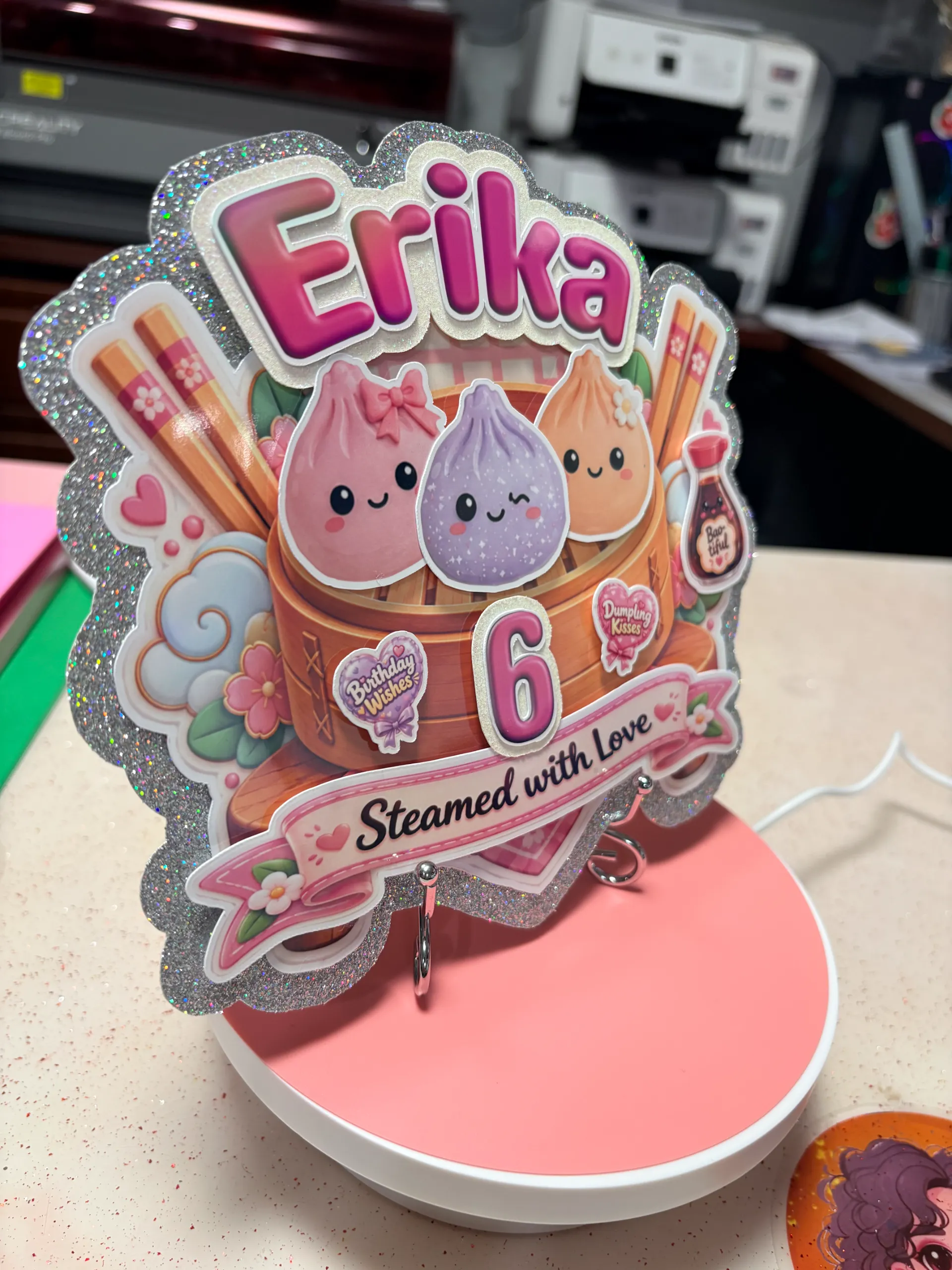 Personalized Kawaii Dumplings Cake Topper – Custom Name &Amp; Age, Glitter Birthday Decoration 2 Side view of layered Kawaii Dumplings birthday cake topper with holographic glitter details
