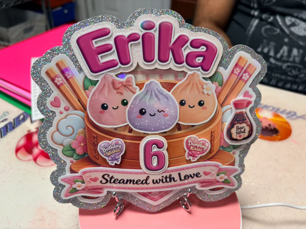 Personalized Cake Toppers 9 Personalized Kawaii Dumplings Cake Topper with Erika name, age 6 and silver glitter border