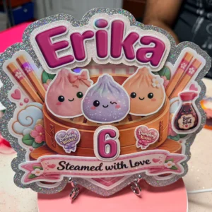 Personalized Kawaii Dumplings Cake Topper with Erika name, age 6 and silver glitter border