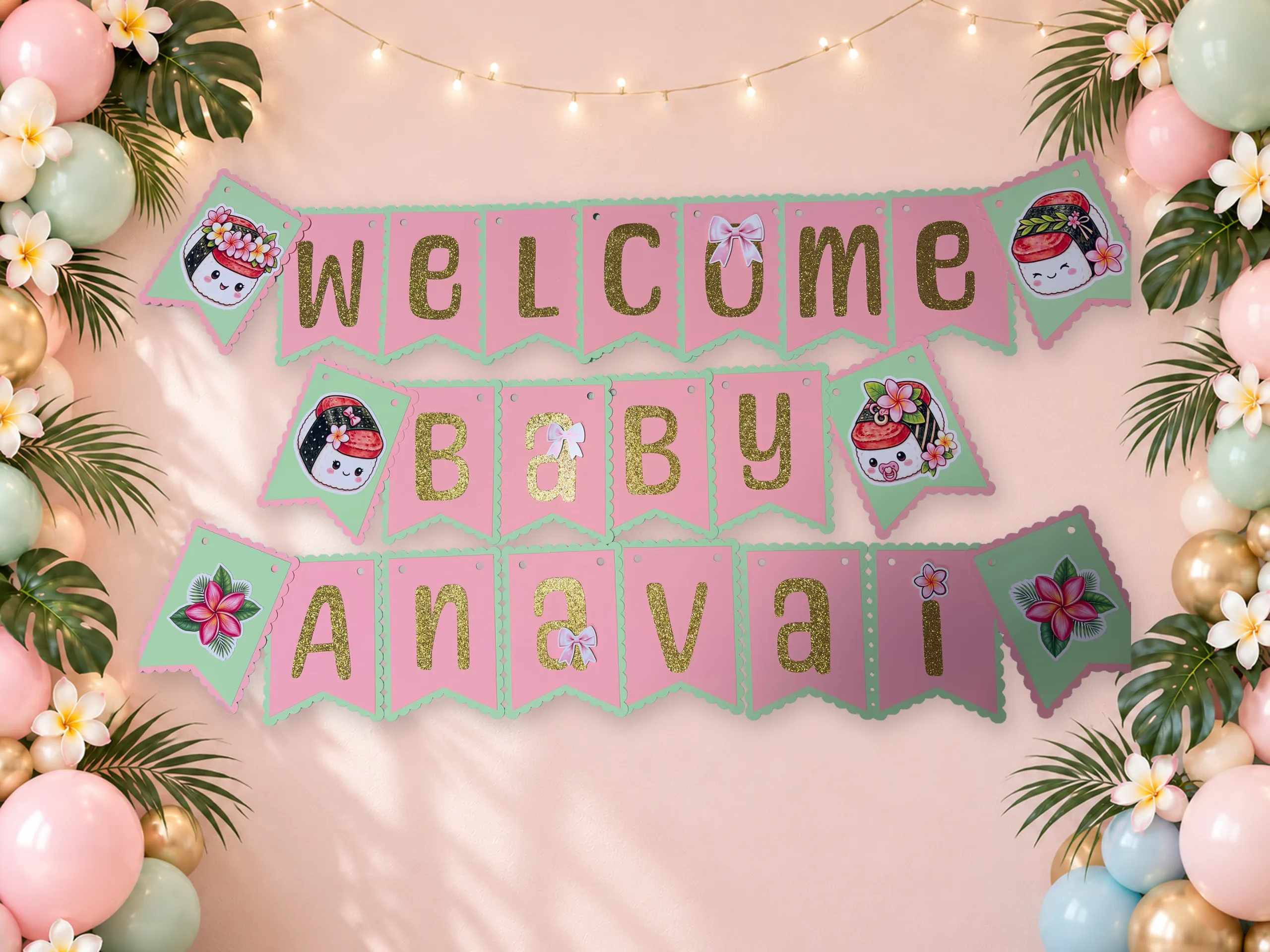 Personalized Kawaii Musubi Birthday Banner | Custom Name Party Decoration 1 Personalized Kawaii Musubi Birthday Banner